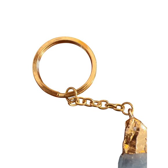 Blue Raw Crystal Stone Point Keychain Bag Charm Gold Leaf 4.25" Long - Picture 4 of 4